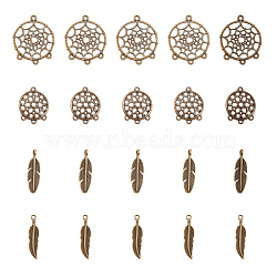 PandaHall Elite DIY Jewelry Making, with Alloy Chandelier Components Links and Pendants, Flat Round and Feather, Antique Bronze, 8.2x8.2x2.7cm, 120pcs/set(DIY-PH0019-84AB)