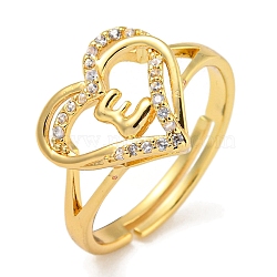 Heart with Letter Rack Plating Brass Micro Pave Clear Cubic Zirconia Adjustable Rings for Women, Lead Free & Cadmium Free, Real 18K Gold Plated, Letter E, Inner Diameter: 16mm(RJEW-I105-01G-E)