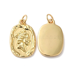 Rack Plating Brass Pendants, with Jump Ring, Lead Free & Cadmium Free, Rectangle with Flower Charm, Real 18K Gold Plated, 21x13x2mm, Hole: 3.5mm(KK-D074-30G)