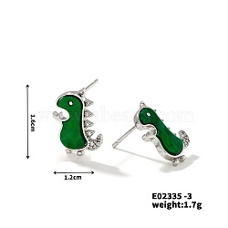 Cute Dinosaur Stud Earrings with Rhinestones, French Style, Versatile, Platinum, 16x12mm(AR1164-3)