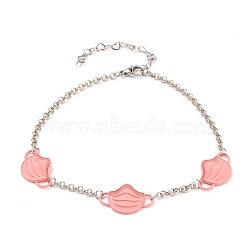 Face Mask Shape Alloy Link Anklets, with Brass Rolo Chains, 304 Stainless Steel Heart Link Chains and Lobster Claw Clasps, Pink, 10 inch(25.3cm)(AJEW-AN00308-02)