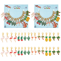 Summer Theme Pendant Stitch Markers, Alloy Enamel Crochet Lobster Clasp Charms, Locking Stitch Marker with Wine Glass Charm Ring, Cactus/Cocobut Tree/Flamingo, Mixed Color, 3.3~3.8cm, 8 style, 2pcs/style, 16pcs/set(HJEW-AB00398)