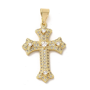 Brass Micro Pave Cubic Zirconia Pendants, Long-Lasting Plated, Cross, Golden, 38x26x5.5mm, Hole: 8x4.5mm