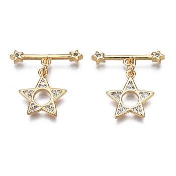 Brass Micro Pave Clear Cubic Zirconia Toggle Clasps, Nickel Free, Star, Real 18K Gold Plated, Star: 14.5x13x1.5mm, Bar: 20x4.5x2.5mm, Jump Ring: 5x1mm, 3mm inner diameter
