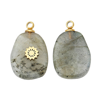 Natural Labradorite Pendants, Oval Charms with Golden Tone Stainless Steel Snowflake Slice, 17x11mm, Hole: 1.5mm