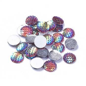 Resin Cabochons, Flat Round with Mermaid Fish Scale, Colorful, 12x3mm