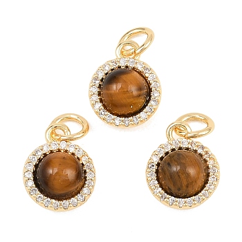 Natural Tiger Eye Round Charms with Brass Micro Pave Clear Cubic Zirconia Settings, Real 18K Gold Plated, 11x9x6mm, Hole: 3mm