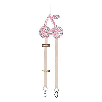 Cherry Non-woven Fabrics Hairpin Hair Clip Hanging Holder Storage Organizer, with Polyester Belt and Alloy Key Rings, for Girl Room Hanging Ornament Hair Accessories Storage Belt Decoration, Hot Pink, 70.1cm