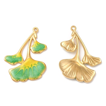 304 Stainless Steel Enamel Pendants, Real 18K Gold Plated, Ginkgo Leaf Charm, Lime Green, 32x22.5x2mm, Hole: 1.4mm