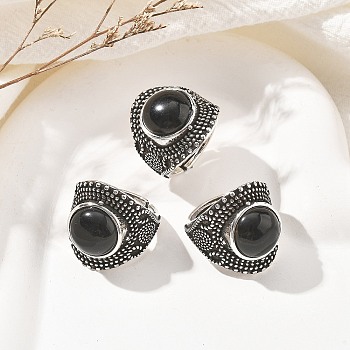 Natural Obsidian Adjustable Rings, Lead Free & Cadmium Free, Antique Silver Plated Brass Finger Rings for Women, 22.5mm, Inner Diameter: 17mm