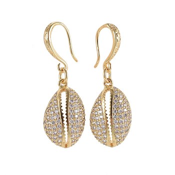Brass Micro Pave Cubic Zirconia Dangle Earrings, Shell, Clear, Golden, 36~37mm, Pin: 0.8mm