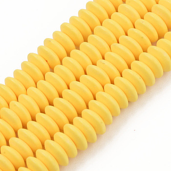 Handmade Polymer Clay Beads Strands, Flat Round, Gold, 8.5~9x3.5mm, Hole: 1.6mm, about 112pcs/strand, 15.75 inch~16.14 inch(40~41cm)