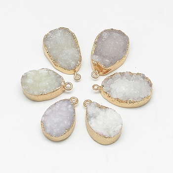 Natural Druzy Agate Pendants, Dyed, teardrop, with Golden Tone Brass Findings, Light Grey, 27~35x17~21x5~12mm, Hole: 1~2mm