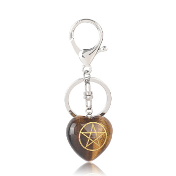 Natural Tiger Eye Heart with Kore Symbol Keychain, Reiki Energy Stone Keychain for Bag Jewelry Gift Decoration, 9.5x3cm