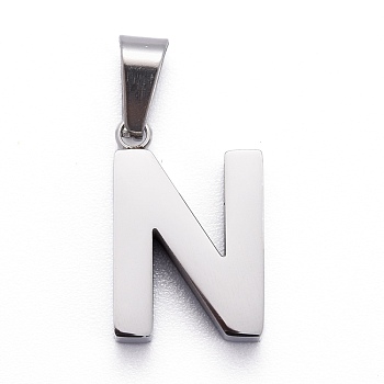 304 Stainless Steel Letter Pendants, Manual Polishing, Alphabet, Stainless Steel Color, Letter.N, 18.5x12x4mm, Hole: 6.5x3.5mm