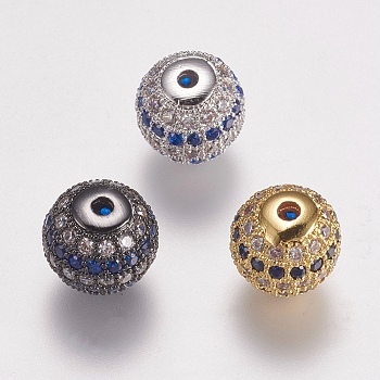 Brass Micro Pave Cubic Zirconia Beads, Round, Blue, Mixed Color, 10mm, Hole: 1.5mm