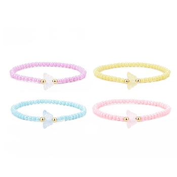 Opaque Acrylic & Brass Beaded Stretch Bracelets, Glass Butterfly Jewelry for Women, Mixed Color, Inner Diameter: 2-1/4 inch(5.75cm)