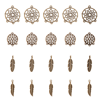 PandaHall Elite DIY Jewelry Making, with Alloy Chandelier Components Links and Pendants, Flat Round and Feather, Antique Bronze, 8.2x8.2x2.7cm, 120pcs/set