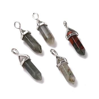 Natural Bloodstone Pendants, Faceted, with Platinum Tone Brass Findings, Lead free & Cadmium Free, Bullet, 27~30x9~10x7~8mm, Hole: 4x3mm