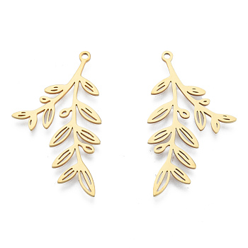 201 Stainless Steel Pendants, Leafy Branch Charms,  Leaf, Real 18K Gold Plated, 37.5x21x1mm, Hole: 1.5mm