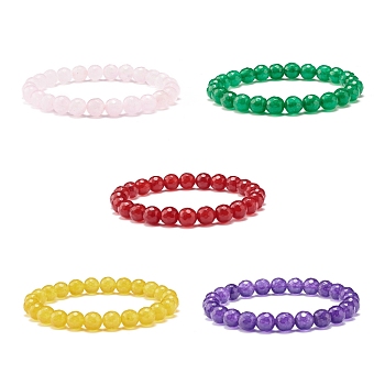 Natural Malaysia Jade(Dyed) Round Beaded Stretch Bracelet, Gemstone Jewelry for Women, Mixed Color, Inner Diameter: 2 inch(5.2cm)