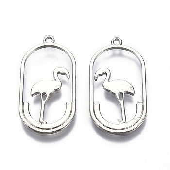 Rack Plating Alloy Pendants, Cadmium Free & Lead Free, Hollow, Oval with Ostrich, Platinum, 30.5x15.5x1mm, Hole: 1.5mm