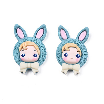 Opaque Resin Cabochons, Girl with Rabbit Hat, Sky Blue, 33x21x7mm