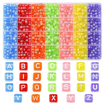 1190Pcs 7 Colors Transparent Acrylic Beads, Cube with White Random Mixed Letters, Mixed Color, 6x6x6mm, Hole: 3.5mm, 170pcs/color
