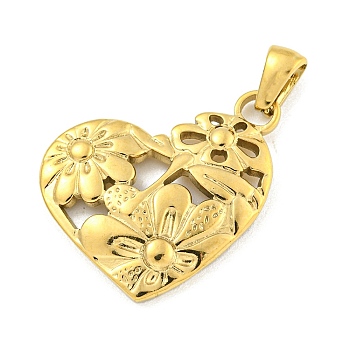 304 Stainless Steel Pendants, Heart with Flower Charm, Real 18K Gold Plated, 21.5x25x2.5mm, Hole: 5.5x2.5mm