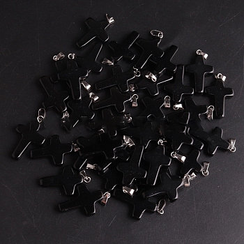 Natural Black Stone Pendants, with Platinum Tone Brass Findings, Cross, 25x18mm