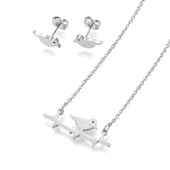 304 Stainless Steel Jewelry Sets, Stud Earrings and Pendant Necklaces, Bird, Stainless Steel Color, Necklace: 18.9 inch(48cm), Stud Earrings: 5x12x1.2mm, Pin: 0.8mm