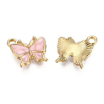 Light Gold Plated Alloy Charms, with Enamel, Butterfly, Pearl Pink, 13x13.5x2.5mm, Hole: 1.8mm