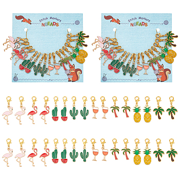 Summer Theme Pendant Stitch Markers, Alloy Enamel Crochet Lobster Clasp Charms, Locking Stitch Marker with Wine Glass Charm Ring, Cactus/Cocobut Tree/Flamingo, Mixed Color, 3.3~3.8cm, 8 style, 2pcs/style, 16pcs/set