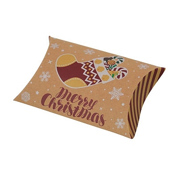 Christmas Theme Cardboard Candy Pillow Boxes, Cartoon Christmas Socking Candy Snack Gift Box, FireBrick, Fold: 7.3x11.9x2.6cm