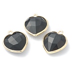 Natural Obsidian Pendants, with Golden Brass Edge, Faceted, Heart, 19x16.5x6~6.5mm, Hole: 1.6mm(X-G-B009-03G-E)