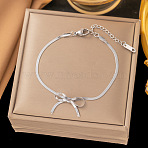 304 Stainless Steel Herringbone Chains Bracelets, Bowknot, Stainless Steel Color, 6-3/4 inch(17cm)(BJEW-C084-01P)