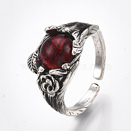 Alloy Glass Cuff Finger Rings, Wide Band Rings, Antique Silver, FireBrick, US Size 8 1/2(18.5mm)(RJEW-T006-24)