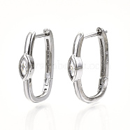 Brass Micro Pave Clear Cubic Zirconia Huggie Hoop Earring, Nickel Free, Oval with Horse Eye, Platinum, 21.5x4.5x14mm, Pin: 1.2mm(EJEW-T046-14P-NF)