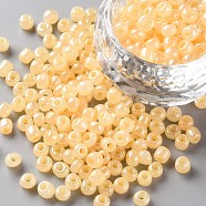 6/0 Glass Seed Beads, Ceylon, Round, Round Hole, Lemon Chiffon, 6/0, 4mm, Hole: 1.5mm, about 500pcs/50g, 50g/bag, 18bags/2pounds(SEED-US0003-4mm-142)