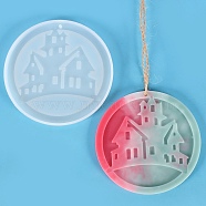 DIY Pendants Silicone Molds, Resin Casting Molds, UV Resin, Epoxy Resin Craft Making, Halloween Theme, Flat Round with Haunted House, White, 104x7mm, Hole: 2.8mm(DIY-E049-06)