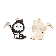 Halloween Alloy Enamel Pendants, Lead Free & Cadmium Free, Light Gold, Death Charm, Black, 24.5x24.5x1mm, Hole: 1.8mm(PALLOY-K007-04KCG)