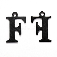 304 Stainless Steel Alphabet Charms, Electrophoresis Black, Letter.F, 12x8x1mm, Hole: 1mm(STAS-H122-F-EB)