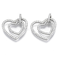 Brass Micro Pave Cubic Zirconia Pendants, with Tube Bails, for Valentine's Day, Nickel Free, Heart with Heart, Clear, Real Platinum Plated, Heart: 18.5x21x2mm, Heart: 11.5x13x2mm, Ring: 8x1.5mm, hole: 5mm(ZIRC-S061-165P-NF)