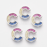 Brass Cubic Zirconia Slide Charms, Real Platinum Plated, Colorful, Letter, Letter.C, 18x15x5mm, Hole: 1.5x3mm and 1.5x7mm(ZIRC-S063-01C-P)