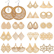 PandaHall Elite 32Pcs Set 16 Styles Laser Cut Wooden Hollow Big Pendants, Geometric Charm, Dyed, Leaf & Teardrop & Rhombus, Mixed Shapes, Wheat, 57~72x42~69x2~2.5mm, Hole: 1.4~2.2mm, 2pcs/style(FIND-PH0006-97)