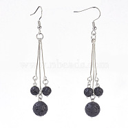 Natural Lava Rock Dangle Earrings, with 304 Stainless Steel Earring Hooks and Iron Eye Pins, Round, 77~78mm, Pendant: 57~58mm, Pin: 0.6mm(EJEW-JE02813-01)