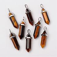 Natural Tiger Eye Double Terminated Pointed Pendants, with Random Alloy Pendant Hexagon Bead Cap Bails, Bullet, Platinum, 37~40x12mm, Hole: 3mm(G-F295-05B)