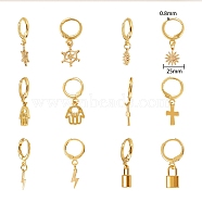 Brass Huggie Hoop Earring, with 304 Stainless Steel Pendants, Mixed Shapes, Golden, 6pairs/box(EJEW-SZ0001-15G)
