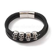 Braided Microfiber Leather Multi-strand Bracelets, Viking 304 Stainless Steel Skull Bracelets for Men, Antique Silver & Stainless Steel Color, 8-1/2x7/8 inch(21.5x2.3cm)(BJEW-B096-08E)