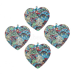430 Stainless Steel Pendants, Spray Painted, Etched Metal Embellishments, Heart with Plant Pattern, Dark Turquoise, 42.5x41x0.3mm, Hole: 1.6mm(STAS-T061-27-A01)